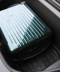 Tesla Model Y 2021 Refresh Frunk Liner Hecka Tough TPE Rubber Cargo Floor Mat All Weather Shield with suitcase inside.