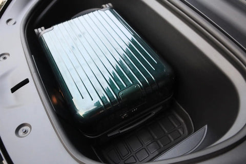 Tesla Model Y 2021 Refresh Frunk Liner Hecka Tough TPE Rubber Cargo Floor Mat All Weather Shield with suitcase inside.