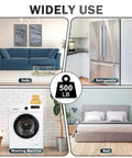 Heavy Duty 29 Inch Furniture Lifter Tool With Lengthening Metal Rods And Stackable Raise Blocks near a sofa, refrigerator, washing machine, and bed.