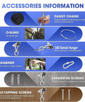 Kick Back And Chill In This Epic Cocoon Sensory Swing For Kids And Grown Ups Indoor Outdoor Therapy Hammock Chair With Buttery Soft Silky Nylon Hug Seat accessory information graphic, showing installation hardware and tools.