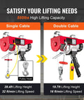 Badass 550 Pound Electric Hoist Crane showing single and double cable options with lifting height and speed details.