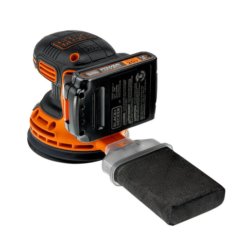 Cordless Orbital Sander With 12,000 OPM For Fast Material Removal, rear view showing battery and dust bag attachment.