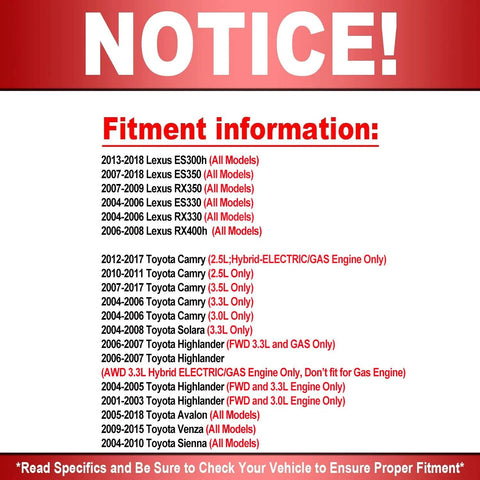Fitment information notice for Front Wheel Bearing Hub Assembly 5 Lug For Toyota Camry Venza Sienna Avalon Solara Highlander And Lexus ES300h ES350 RX350 ES330 RX330 RX400h Replacement 510063