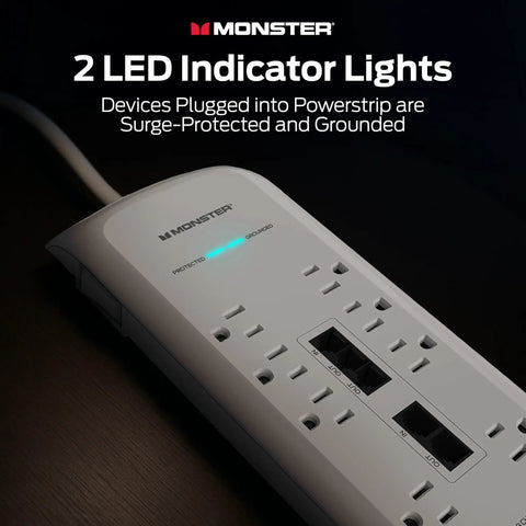 Heavy Duty Surge Protector Power Strip With 8 Outlets And 6 Ft Cord, 4050J Rating, USB A And USB C Charging, 2 Ethernet Ports, Built Tough As Nails For Your Setup, 24 Pack showing LED indicator lights