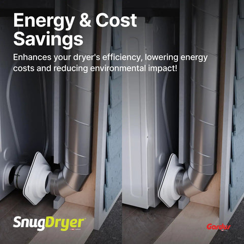 SnugDryer Space Saving Dryer Vent Connection Kit For New Construction And Remodeling shown installed with energy-saving setup.