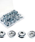 Top Shelf Carbon Steel Serrated Flange Hex Nuts 5/16-18 Inch Assortment Kit in clear box with various nut types.