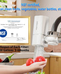 Faucet Mount Water Filter for Sink With Rapid Flow 400 Gallon Capacity Tap Water Filtration System NSF Certified Reduces Chlorine and Bad Taste Includes One Replacement Filter Fits Standard Faucets Not For Pullout or Spray displayed with NSF certification in kitchen