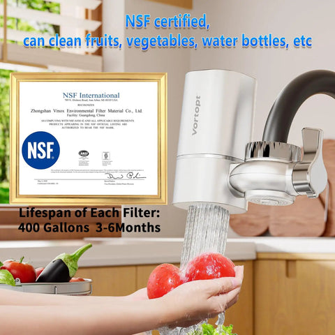 Faucet Mount Water Filter for Sink With Rapid Flow 400 Gallon Capacity Tap Water Filtration System NSF Certified Reduces Chlorine and Bad Taste Includes One Replacement Filter Fits Standard Faucets Not For Pullout or Spray displayed with NSF certification in kitchen