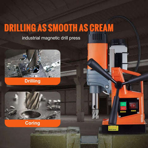 Heavy Duty Magnetic Drill Press With 1300 Watt Motor And 1.6 Inch Bore, showcasing drilling and coring features in industrial setting.