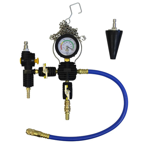Vacuum Type Cooling System Filler Kit With Conical Adapters showing gauge, blue hose, and connectors for radiator access