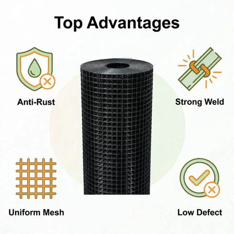 Black Hardware Cloth One Half Inch Mesh Roll, 50 Feet, 19 Gauge Vinyl Coated Welded Wire Fence benefits: anti-rust, strong weld, uniform mesh