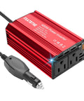 Hella Reliable 400w Power Inverter Dc 12v To 110v Ac Car Plug Adapter With 65w Pd USB C and 18w QC USB A. Red design, dual AC outlets.