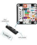 Core2 ESP32 IoT Development Kit V1.1 shown with labeled MPU6886 and MIC SPM1423 components, ideal for DIY and edge computing projects.