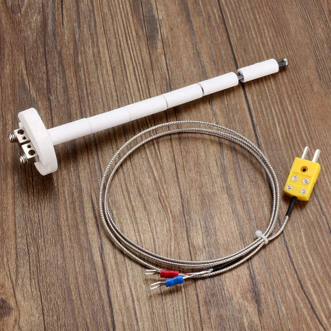 K-type kiln thermocouple probe with ceramic insulator and braided stainless-steel sheath, yellow two-pin connector