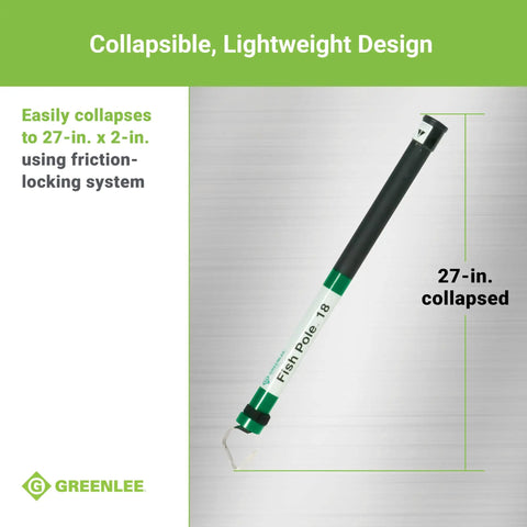 Collapsible 18 Foot Wire Pulling Fish Pole for Attics Ceilings and Crawl Spaces shown collapsed to 27 inches with locking system.