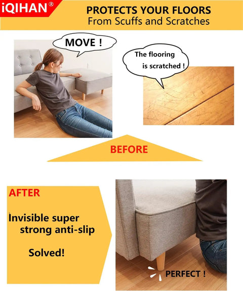 Lockdown Grip Non Slip Furniture Pads 12 Pack Clear Anti Skid Grippers For Hardwood Floors Durable Rubber Base No Nonsense Scratch Protection Stay Put under sofa legs preventing scratches.