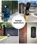 Universal Wireless and Wired Keypad for Gate Opener TC188 Keyless Entry Panel shown in various settings and weather conditions.