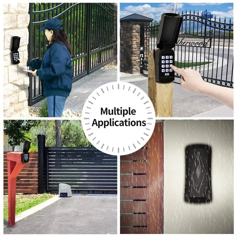 Universal Wireless and Wired Keypad for Gate Opener TC188 Keyless Entry Panel shown in various settings and weather conditions.