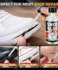 Waterproof Clear Shoe Repair Adhesive fixing white sneaker and other shoes, demonstrating use for leather, canvas, and boots' soles.