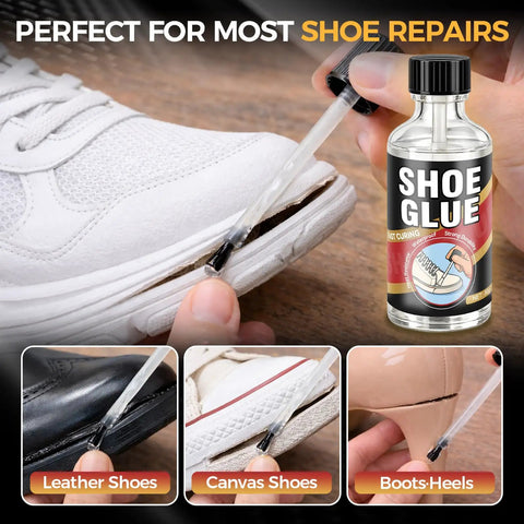 Waterproof Clear Shoe Repair Adhesive fixing white sneaker and other shoes, demonstrating use for leather, canvas, and boots' soles.