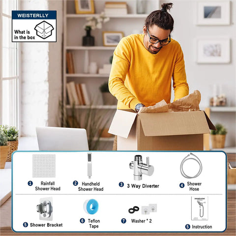 Man opening box with Built To Last High Pressure All Metal Rain Shower Head With Handheld Combo, showing shower head components.