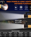 Ultra Bright 9000LM Spotlight Flashlight With USB Power Bank Output specifications and beam distance examples