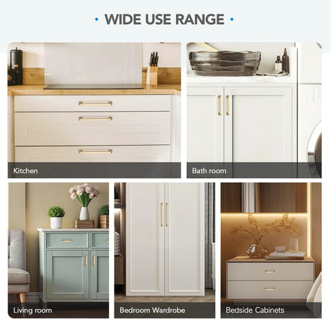 10 Pack 5 Inch Champagne Bronze Cabinet Handles in various home settings including kitchen, bathroom, bedroom wardrobe, bedside, and living room