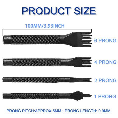 Diamond Hole Leather Stitching Chisel Set with Rhombus Teeth, 5mm Prongs in 1/2/4/6, Pro Grade Prong Punch for DIY Leathercraft