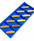 MGMN300-M Coated Carbide Inserts for CNC Lathe Grooving and Steel Cutting in blue plastic storage box, 3.00 mm thick, 0.4 mm radius.