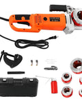 2300W Electric Pipe Threader Handheld Power Drive Kit with accessories including clamps and thread dies for piping use.