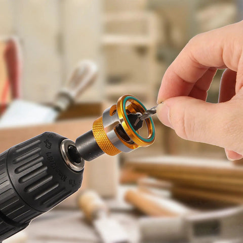 Hand holding a drill with a Carbon Steel Countersink Drill Bit Set for Woodworking Pro Grade Heavy Duty Countersink Bits.
