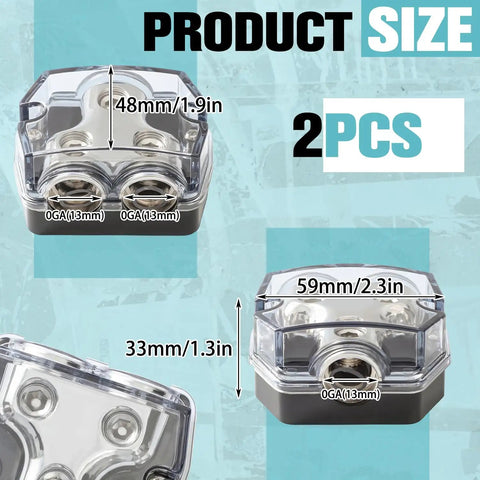2 Pack 0 Gauge Ground Distribution Block For Car And Boat Audio Systems With 2 Way In Out Amp Block Circuit Protector And High Thermal Conductivity Alloy Power Ground Splitter, 48mm