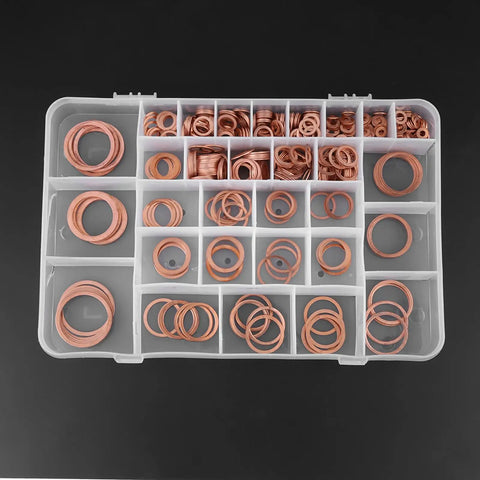 Must Have 570 Pcs Copper Flat Washers Set With Plastic Storage Box, 30 Sizes Crush Washers For Oil Drain Plugs And Gaskets, Automotive and machinery seals arranged in a plastic box