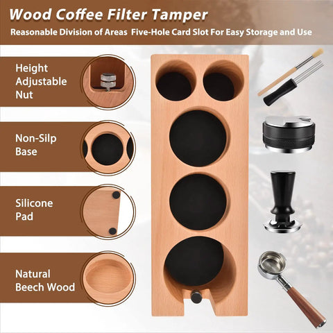 Five Piece Espresso Tamper Station Kit With Wooden Distributor, Calibrated Spring Loaded Tamper, Espresso Stirrer, Cleaning Brush, And 58mm Tamping Mat Pro Grade Barista Gear For Home Or Cafe Use