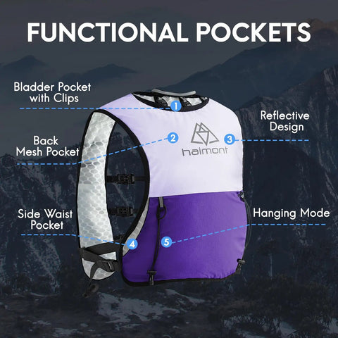 Functional pockets on 5L Trail Running Hydration Vest With Soft Flasks Including 2 X 500ml Purple Medium Lightweight Bounce Free Fit With Breathable Mesh Panels For Gnarly Long Runs And Mountain Trails