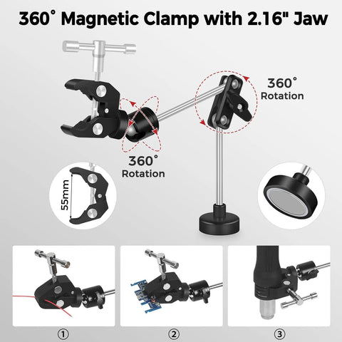 360° magnetic clamp of Go-To Hands-Free Soldering Station With Upgraded 5x Magnifying Lamp, Four PCB Holders