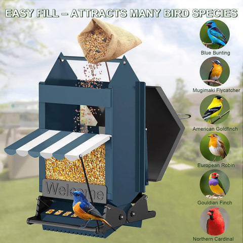 Heavy Duty Squirrel Proof Bird Feeder With Weight Activated Perch 5 Pound Capacity, easy fill, outdoor use for various birds