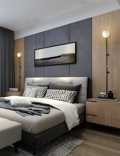Modern bedroom with Plug In Wall Sconce With Globe Shade, Modern Indoor LED Wall Lamp For Bedroom, Living Room, Hallway, And Study, Easy Plug Switch, 5W G9 LED Included, Warm White Light, 110-240V, enhancing contemporary decor.
