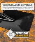 Heavy Duty Square Shovel With 27 And A Half Inch Steel Blade And Wood Handle 45 HRC features efficient blade size detail
