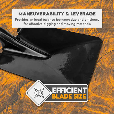 Heavy Duty Square Shovel With 27 And A Half Inch Steel Blade And Wood Handle 45 HRC features efficient blade size detail