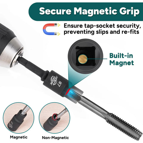 Secure magnetic grip of 12-Piece Magnetic Tap Socket Set With One Quarter Inch And Three Eighths Inch Square Drive Tap Handle Tool For Tight Spaces Workhorse Magnetic Design Keeps Taps Locked In Place And Extension Ready shown in close-up with built-in magnet detail.