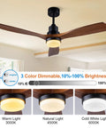 52 Inch Outdoor Ceiling Fan With Lights And Remote Control, Black Ceiling Fan With Wood Blades, Dimmable 3CCT LED Light