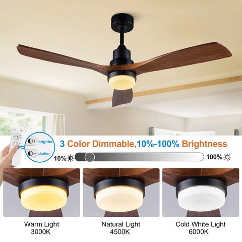 52 Inch Outdoor Ceiling Fan With Lights And Remote Control, Black Ceiling Fan With Wood Blades, Dimmable 3CCT LED Light