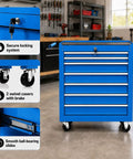Gangster Tough Rolling Tool Chest With Seven Drawers Lockable Metal Tool Cart For Garage Setup featuring a secure locking system and swivel casters.