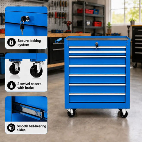 Gangster Tough Rolling Tool Chest With Seven Drawers Lockable Metal Tool Cart For Garage Setup featuring a secure locking system and swivel casters.