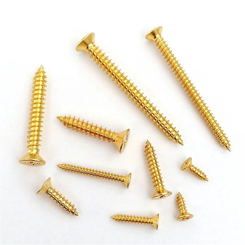 Boss Grade Pro Brass Countersunk Flat Head Phillips Self-Tapping Wood Screws M5x16, 10 Pack flat lay