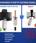 2 Pack Beefed-Up Hotend Kit for P1P P1S 3D Printer Upgrade with Hardened Steel Nozzle, showing upgraded vs original hotend.