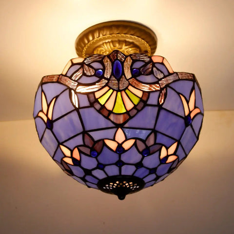 Tiffany Style Baroque Stained Glass Ceiling Light Fixture In Blue And Purple Semi Flush Mount 12 Inch Shade 11 Inch Height