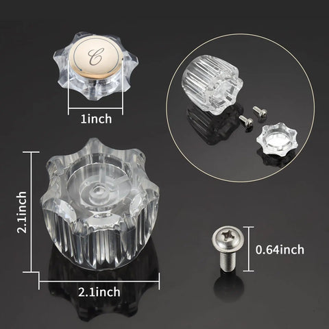 Clear Acrylic Bathroom Faucet Knob Handles Kit For Hot And Cold Water Upgrade with measurements and components shown