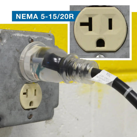 20 Amp 125 Volt Outdoor Extension Cord 25 Feet SJTW plugged into NEMA outlet showing power light